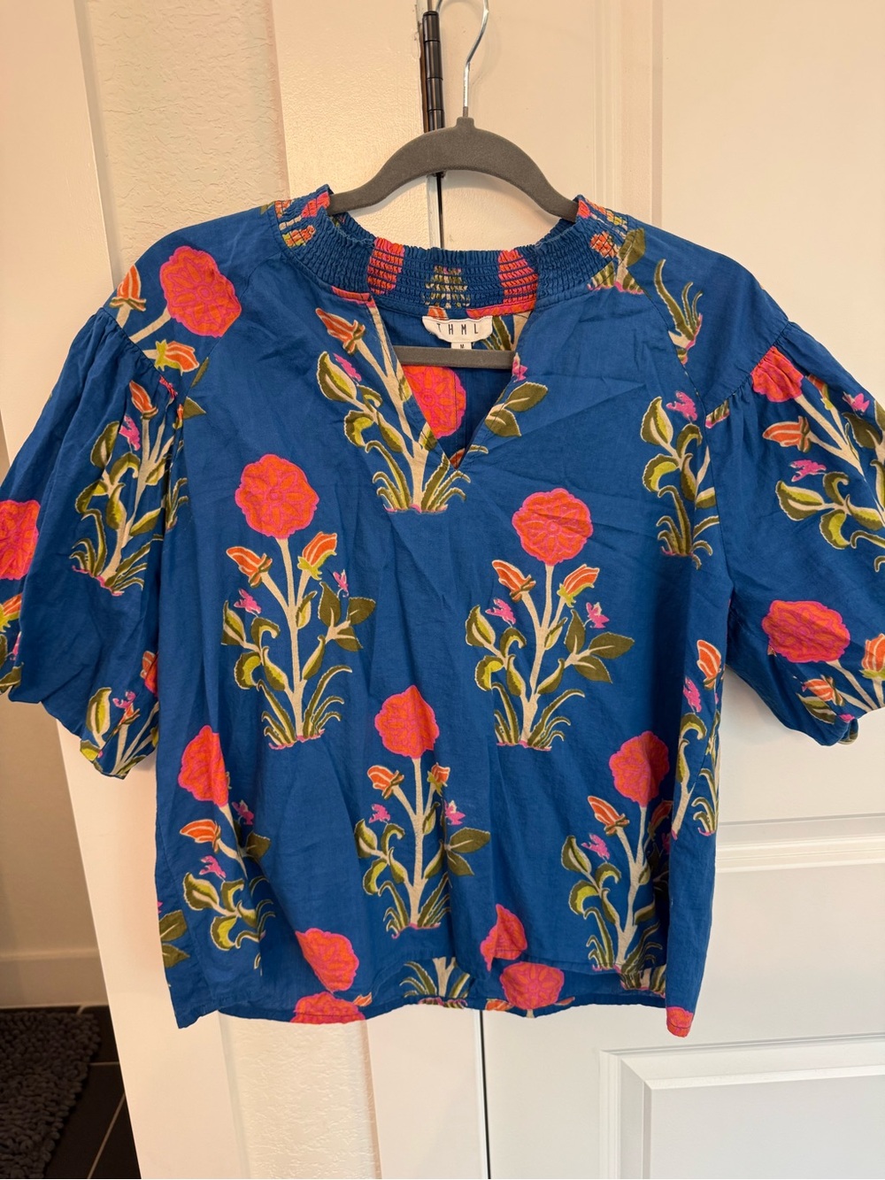 THML Deep Blue Top with Bright Pink Floral Print